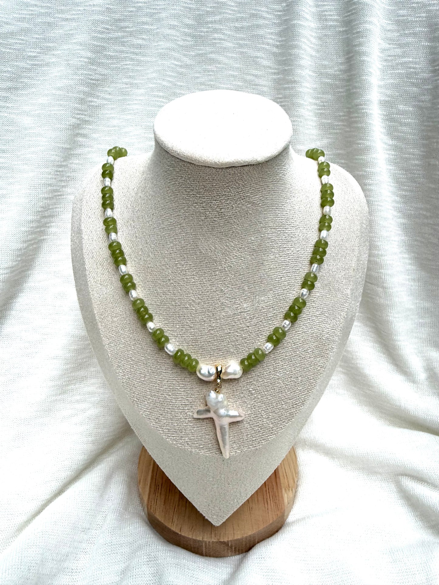Green Pearl Cross Necklace
